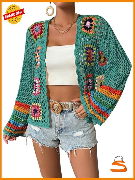 Sweaters - Floral Crochet Cardigan Hollow Out Open Front Long Sleeve Sweater